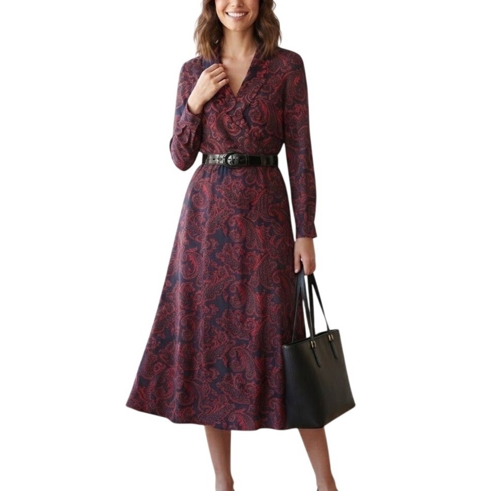 Liz Claiborne Paisley Midi Dress Red Black Long Sleeve Belted V-Neck Size 6